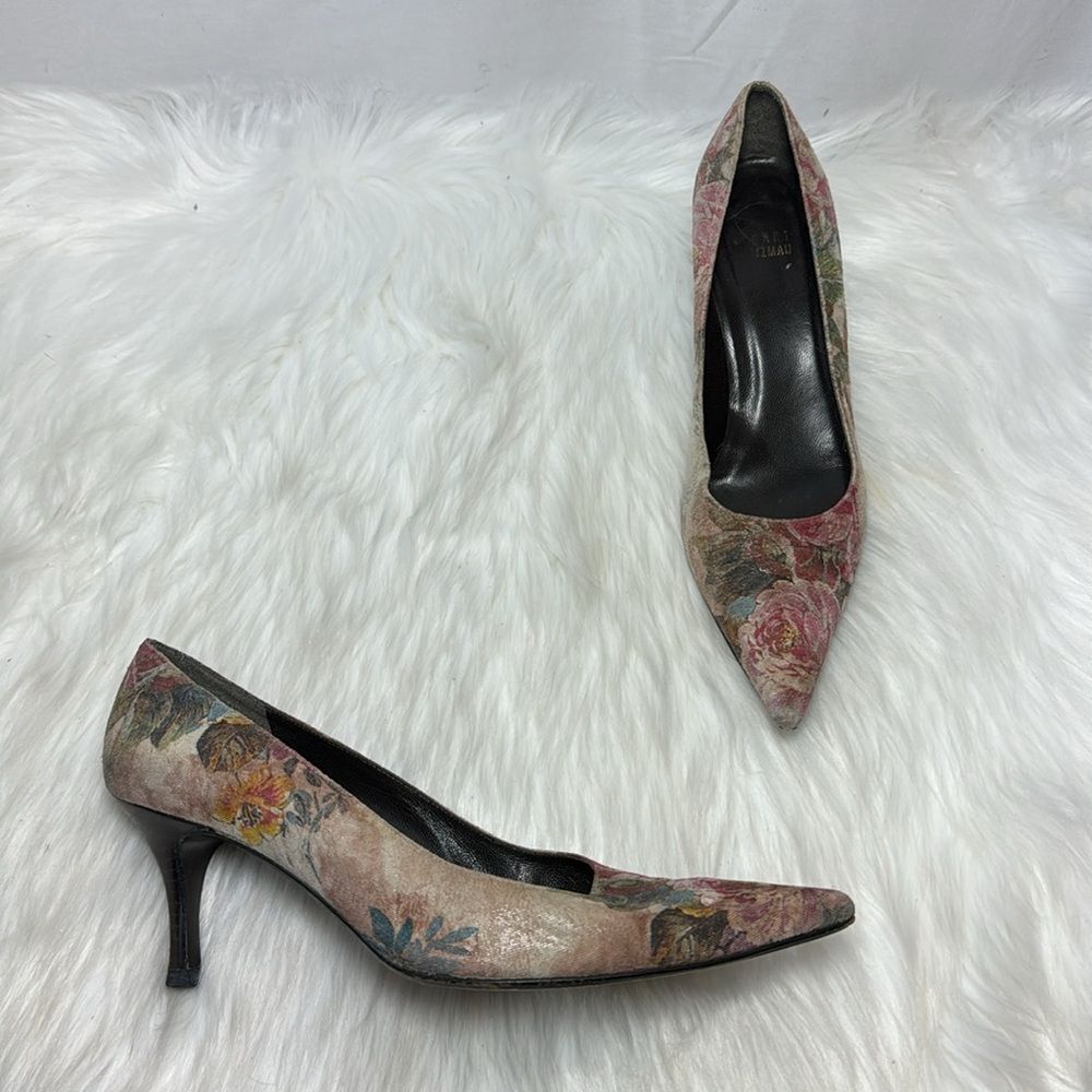 Stuart Weitzman Floral Pointed Toe Kitten Heel Pumps Sz 7.5
